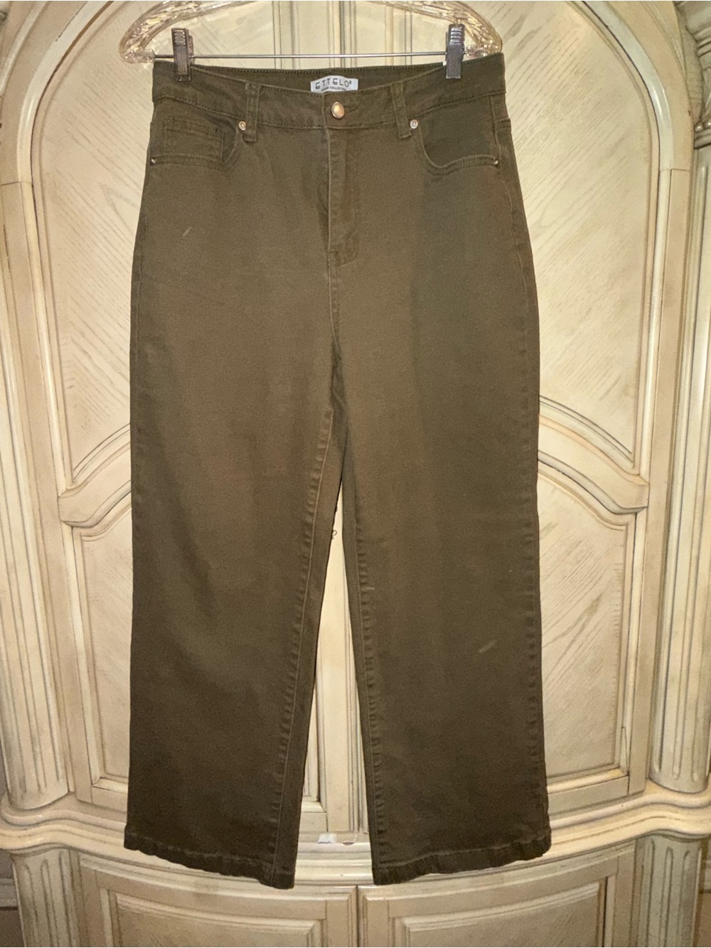 Ettelo High-Waist Olive Green Straight Leg Pants, size 14